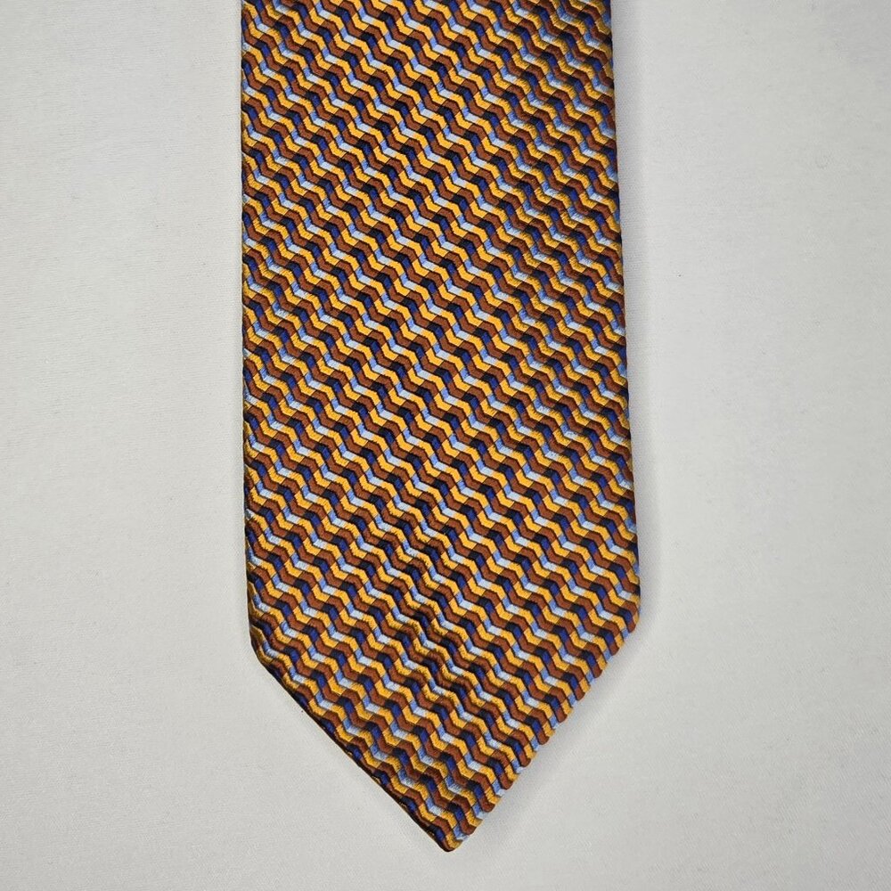 Kolte Designer Necktie Tie 100% Italian Silk Gold, Rust. Blue Woven Pattern